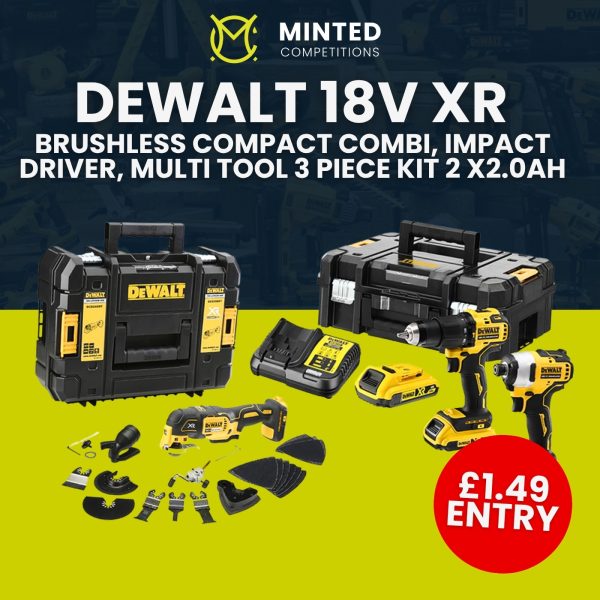 Win A DeWalt 18V XR Brushless Compact Combi, Impact Driver, Multi Tool 3 Piece Kit Or £250 Cash!